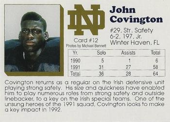 1992 Notre Dame Fighting Irish #12 John Covington Back