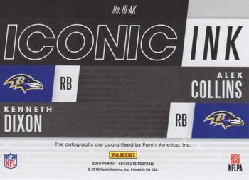 2018 Panini Absolute - Iconic Ink Duals #ID-AK Alex Collins / Kenneth Dixon Back
