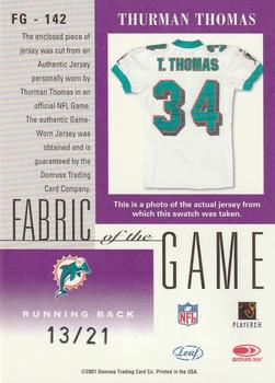 2001 Leaf Certified Materials - Fabric of the Game Platinum Holofoil #FG-142 Thurman Thomas Back