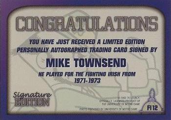 2003-09 TK Legacy Notre Dame Fighting Irish - Fighting Irish Signature Edition #FI12 Mike Townsend Back