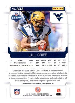 2019 Score - Rookies Signatures Gold Zone #333 Will Grier Back