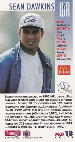 1993 GameDay McDonald's Indianapolis Colts #18 Sean Dawkins Back