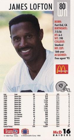 1993 GameDay McDonald's Los Angeles Raiders #16 James Lofton Back