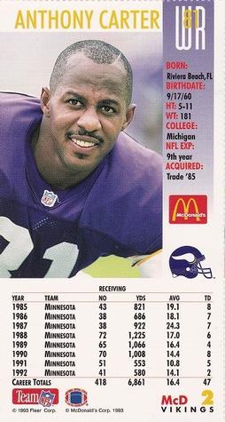 1993 GameDay McDonald's Minnesota Vikings #2 Anthony Carter Back