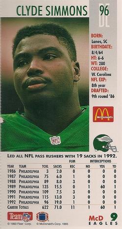 1993 GameDay McDonald's Philadelphia Eagles #9 Clyde Simmons Back