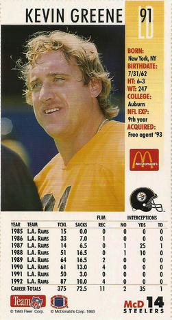 1993 GameDay McDonald's Pittsburgh Steelers #14 Kevin Greene Back