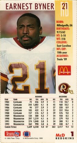 1993 GameDay McDonald's Washington Redskins #1 Earnest Byner Back