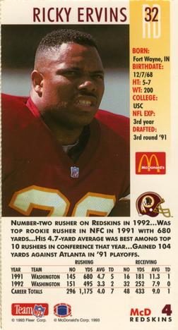 1993 GameDay McDonald's Washington Redskins #4 Ricky Ervins Back