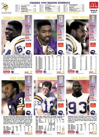 1993 GameDay McDonald's Minnesota Vikings - Full Panels #2 Steve Jordan / Carl Lee / Randall McDaniel / John Randle / Sean Salisbury / Todd Scott Back