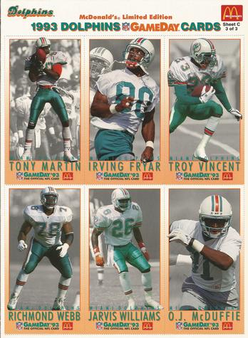 1993 GameDay McDonald's Miami Dolphins - Full Panels #3 Irving Fryar / Tony Martin / O.J. McDuffie / Troy Vincent / Richmond Webb / Jarvis Williams Front