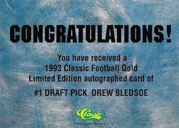 1993 Classic - Autographs Gold #NNO Drew Bledsoe Back