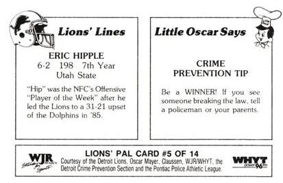 1986 Detroit Lions Police #5 Eric Hipple Back