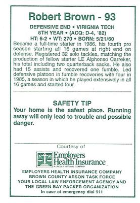 1987 Green Bay Packers Police - Employers Health Insurance, Brown County Arson Task Force, Your Local Law Enforcement Agency #7-25 Robert Brown Back