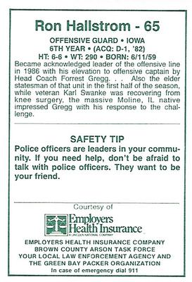 1987 Green Bay Packers Police - Employers Health Insurance, Brown County Arson Task Force, Your Local Law Enforcement Agency #3-25 Ron Hallstrom Back