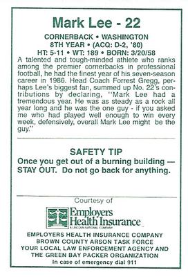1987 Green Bay Packers Police - Employers Health Insurance, Brown County Arson Task Force, Your Local Law Enforcement Agency #12-25 Mark Lee Back