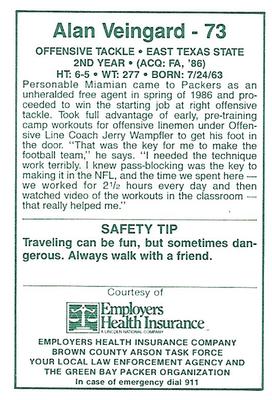 1987 Green Bay Packers Police - Employers Health Insurance, Brown County Arson Task Force, Your Local Law Enforcement Agency #11-25 Alan Veingrad Back