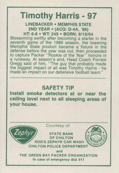 1987 Green Bay Packers Police - State Bank of Chilton, Rod's Zephyr Car Wash, Chilton Police Department #18-25 Tim Harris Back