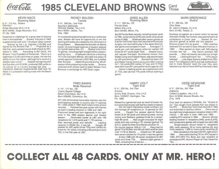 1985 Coke/Mr. Hero Cleveland Browns - Uncut Sheets #3 Mark Krerowicz / Greg Allen / Rickey Bolden / Kevin Mack / Ozzie Newsome / Harry Holt / Fred Banks Back