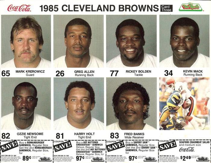 1985 Coke/Mr. Hero Cleveland Browns - Uncut Sheets #3 Mark Krerowicz / Greg Allen / Rickey Bolden / Kevin Mack / Ozzie Newsome / Harry Holt / Fred Banks Front