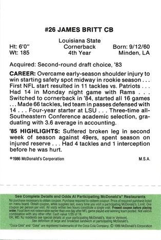 1986 McDonald's Atlanta Falcons - Full Game Pieces: Week 4 Green Tab #NNO James Britt Back