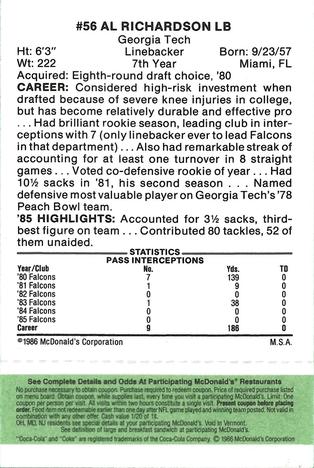 1986 McDonald's Atlanta Falcons - Full Game Pieces: Week 4 Green Tab #NNO Al Richardson Back