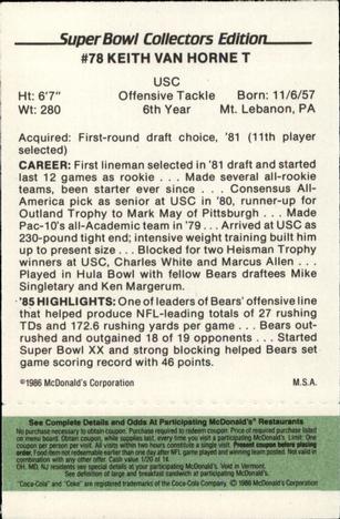 1986 McDonald's Chicago Bears - Full Game Pieces - Week 4 Green Tab #NNO Keith Van Horne Back