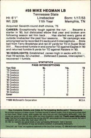 1986 McDonald's Dallas Cowboys - Full Game Pieces - Week 4 Green Tab #NNO Mike Hegman Back