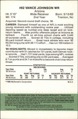 1986 McDonald's Denver Broncos - Full Game Pieces - Week 4 Green Tab #NNO Vance Johnson Back