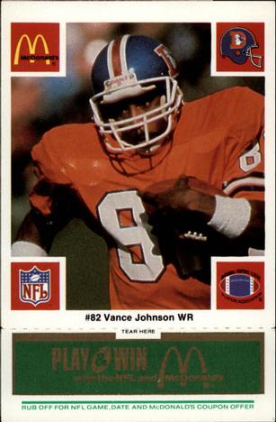 1986 McDonald's Denver Broncos - Full Game Pieces - Week 4 Green Tab #NNO Vance Johnson Front