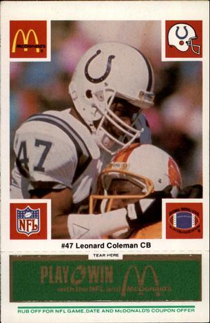 1986 McDonald's Indianapolis Colts - Full Game Pieces - Week 4 Green Tab #NNO Leonard Coleman Front