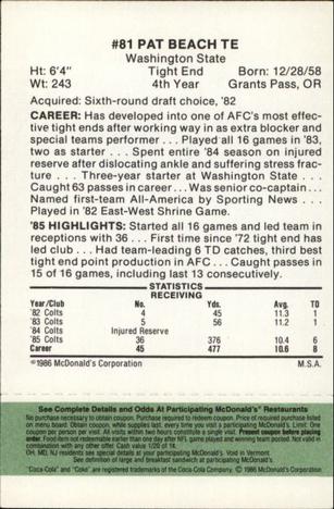 1986 McDonald's Indianapolis Colts - Full Game Pieces - Week 4 Green Tab #NNO Pat Beach Back