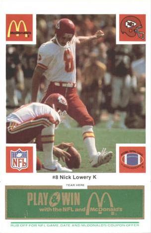 1986 McDonald's Kansas City Chiefs - Full Game Pieces - Week 4 Green Tab #NNO Nick Lowery Front