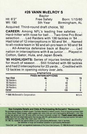 1986 McDonald's Los Angeles Raiders - Full Game Pieces Green Tab #NNO Vann McElroy Back