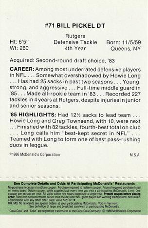 1986 McDonald's Los Angeles Raiders - Full Game Pieces Green Tab #NNO Bill Pickel Back