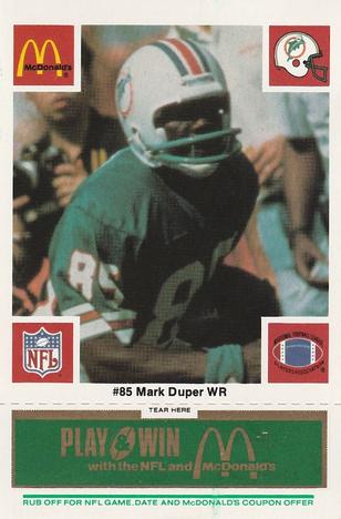 1986 McDonald's Miami Dolphins - Full Game Pieces - Week 4 Green Tab #NNO Mark Duper Front