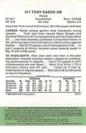 1986 McDonald's New England Patriots - Full Game Pieces - Week 4 Green Tab #NNO Tony Eason Back