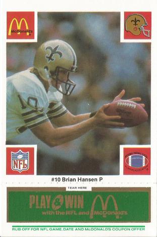 1986 McDonald's New Orleans Saints - Full Game Pieces - Week 4 Green Tab #NNO Brian Hansen Front