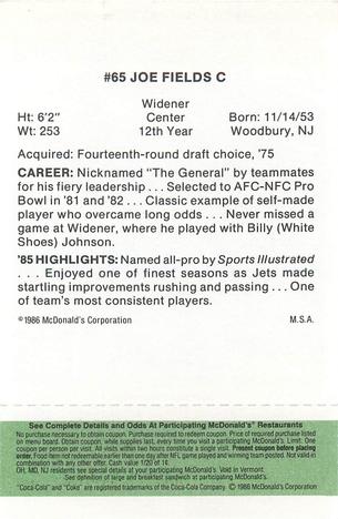 1986 McDonald's New York Jets - Full Game Pieces - Week 4 Green Tab #NNO Joe Fields Back