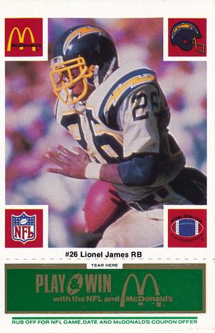 1986 McDonald's San Diego Chargers - Full Game Pieces - Week 4 Green Tab #NNO Lionel James Front