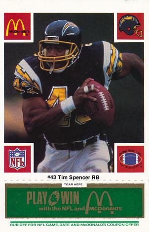 1986 McDonald's San Diego Chargers - Full Game Pieces - Week 4 Green Tab #NNO Tim Spencer Front