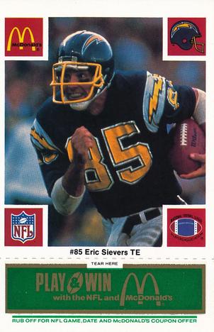 1986 McDonald's San Diego Chargers - Full Game Pieces - Week 4 Green Tab #NNO Eric Sievers Front
