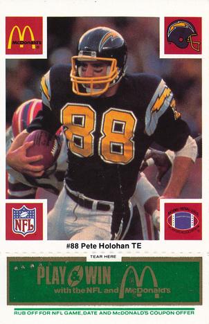 1986 McDonald's San Diego Chargers - Full Game Pieces - Week 4 Green Tab #NNO Pete Holohan Front
