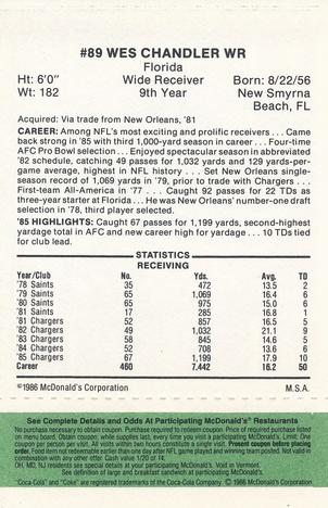 1986 McDonald's San Diego Chargers - Full Game Pieces - Week 4 Green Tab #NNO Wes Chandler Back