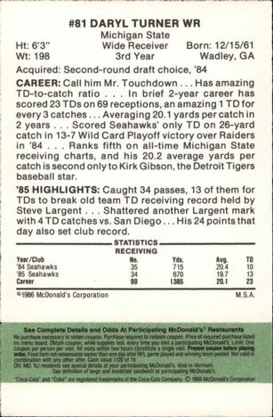 1986 McDonald's Seattle Seahawks - Full Game Pieces - Week 4 Green Tab #NNO Daryl Turner Back