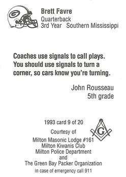 1993 Green Bay Packers Police - Milton Masonic Lodge #161, Milton Kiwanis Club, Milton Police Dept. #9 Brett Favre Back