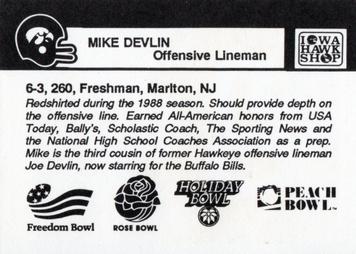 1989 Iowa Hawkeyes #NNO Mike Devlin Back
