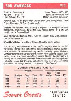 1988 Oklahoma Sooners Greats #25 Bob Warmack Back