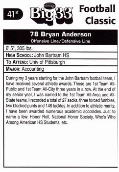1998 Big 33 Pennsylvania High School #NNO Bryan Anderson Back