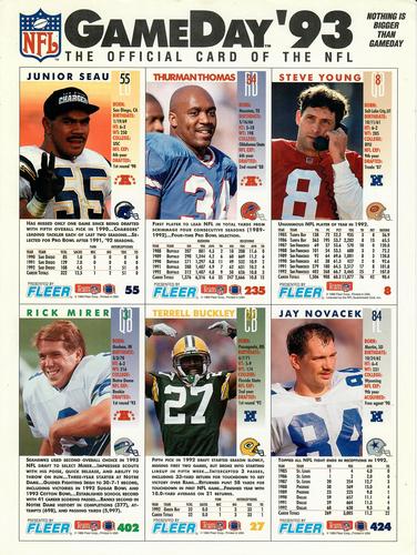 1993 GameDay - Promo Panels #8 / 27 / 55 / 235 / 402 / 424 Steve Young / Thurman Thomas / Junior Seau / Jay Novacek / Terrell Buckley / Rick Mirer Back