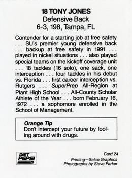 1992 Syracuse Orangemen Program Cards #24 Tony Jones Back